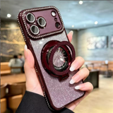 Magnetic Stand Rhinestone Glitter Case With Lens Film For iPhone