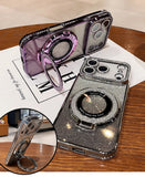 Magnetic Stand Rhinestone Glitter Case With Lens Film For iPhone