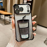 Glam Rhinestone Milk Tea Cup Floating Sand Airbag Phone Case For iPhone