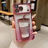 Glam Rhinestone Milk Tea Cup Floating Sand Airbag Phone Case For iPhone