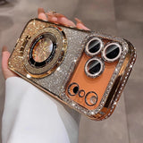 Magnetic Stand Rhinestone Glitter Case With Lens Film For iPhone