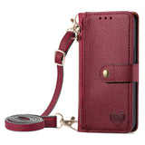 Love Heart Zipper Lanyard Leather Wallet Case for iPhone