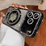 Magnetic Stand Rhinestone Glitter Case With Lens Film For iPhone