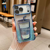 Glam Rhinestone Milk Tea Cup Floating Sand Airbag Phone Case For iPhone