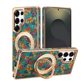 Floral Pattern Cork-Texture Phone Case with 360° Rotating Stand For Samsung