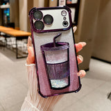 Glam Rhinestone Milk Tea Cup Floating Sand Airbag Phone Case For iPhone
