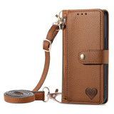 Love Heart Zipper Lanyard Leather Wallet Case for iPhone