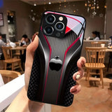 Black Carbon Fiber For Apple Pattern Glass Phone Case For iPhone