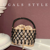 Knitted Rhinestone Rope Clutch Purses Women Boutique Handmade Woven Shiny Crystal Hollow Out Metal Cage Handbags Wedding Party