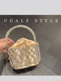 Knitted Rhinestone Rope Clutch Purses Women Boutique Handmade Woven Shiny Crystal Hollow Out Metal Cage Handbags Wedding Party