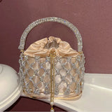 Knitted Rhinestone Rope Clutch Purses Women Boutique Handmade Woven Shiny Crystal Hollow Out Metal Cage Handbags Wedding Party