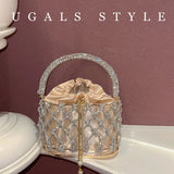 Knitted Rhinestone Rope Clutch Purses Women Boutique Handmade Woven Shiny Crystal Hollow Out Metal Cage Handbags Wedding Party