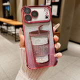 Glam Rhinestone Milk Tea Cup Floating Sand Airbag Phone Case For iPhone