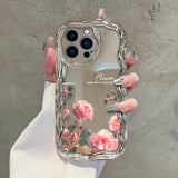 Electroplated Pink and White Rose Anti-Fall Phone Case with Colored Diamond Lanyard for IPhone