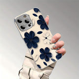 Blue White Contrast Floral Electroplated Glass Case For iPhone