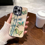 Bamboo Leaf Butterfly Pattern Camera Bracket Lens Protection Case for iPhone