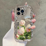 Electroplated Pink and White Rose Anti-Fall Phone Case with Colored Diamond Lanyard for IPhone