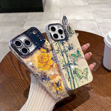 Bamboo Leaf Butterfly Pattern Camera Bracket Lens Protection Case for iPhone