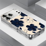 Blue White Contrast Floral Electroplated Glass Case For iPhone