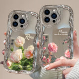 Electroplated Pink and White Rose Anti-Fall Phone Case with Colored Diamond Lanyard for IPhone