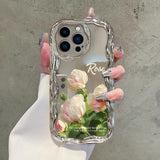 Electroplated Pink and White Rose Anti-Fall Phone Case with Colored Diamond Lanyard for IPhone
