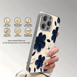 Blue White Contrast Floral Electroplated Glass Case For iPhone