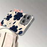Blue White Contrast Floral Electroplated Glass Case For iPhone
