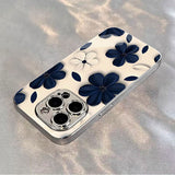 Blue White Contrast Floral Electroplated Glass Case For iPhone