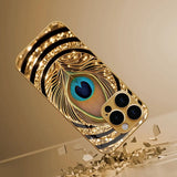 Golden Peacock Feather Pattern Gold Tempered Glass Case For iPhone