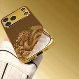 Brown Gold Dragon Pattern Gold Metallic Paint Glass Case For iPhone