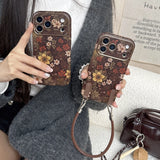 Korean Ins Full Screen Retro Vibrant Flower Leather Wrist Strap Case for iPhone