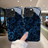 Deep Blue Floral Pattern Tempered Glass Case For iPhone