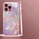 Pink Maple Leaf Pattern Pink Metallic Tempered Glass Case For iPhone