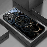 Black Gold Mechanical Clock Pattern Tempered Glass Case For iPhone