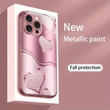 Cute Love Heart Pattern Pink Metallic Paint Glass Hard Phone Case For iPhone