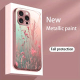 Elegant Pink Flower Pattern Pink Metallic Paint Glass  Case For iPhone