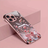 Cherry Blossom For Apple Pattern Pink Metal Paint Tempered Glass Case For iPhone