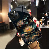 Lotus Pattern Anti-Fall Tempered Glass Case For iPhone