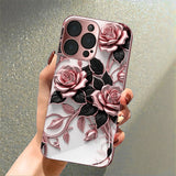 Pink Rose Pattern Metallic Tempered Glass Case For iPhone