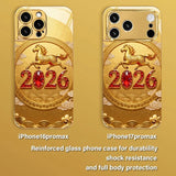 New Year Golden Horse Pattern Gold Metallic Paint Glass Phone Case For iPhone