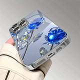 Stylish Crystal Blue Rose Pattern Tempered Glass  Case For iPhone