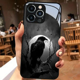 Night Raven Bright Moon Pattern Tempered Glass Case For iPhone