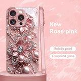 Pink Pearl Diamond Floral Pattern Pink Metallic Glass Phone Case For iPhone