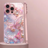Luxury Butterfly Pearl Pattern Pink Metallic Paint Glass Phone Case For iPhone