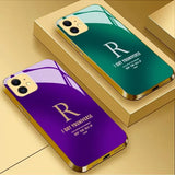 Electroplated glass phone case letter "R" design golden frame case For iPhone