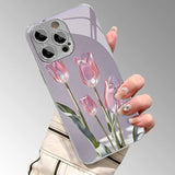 Pink Glass Tulip Pattern Glass Electroplated Case For iPhone