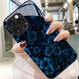 Deep Blue Floral Pattern Tempered Glass Case For iPhone