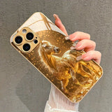 Fashion Golden Horse Pattern Gold Metallic Paint Glass Phone Case For iPhone