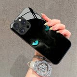 Cool Black Cat Mysterious Eyes Tempered Glass Case For iPhone