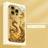 Golden Dragon Phoenix Print Gold Metallic Paint Glass Phone Case For iPhone